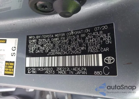 2021 Toyota Corolla Le from USA, damaged, VIN JTDEPMAE0MJ129262